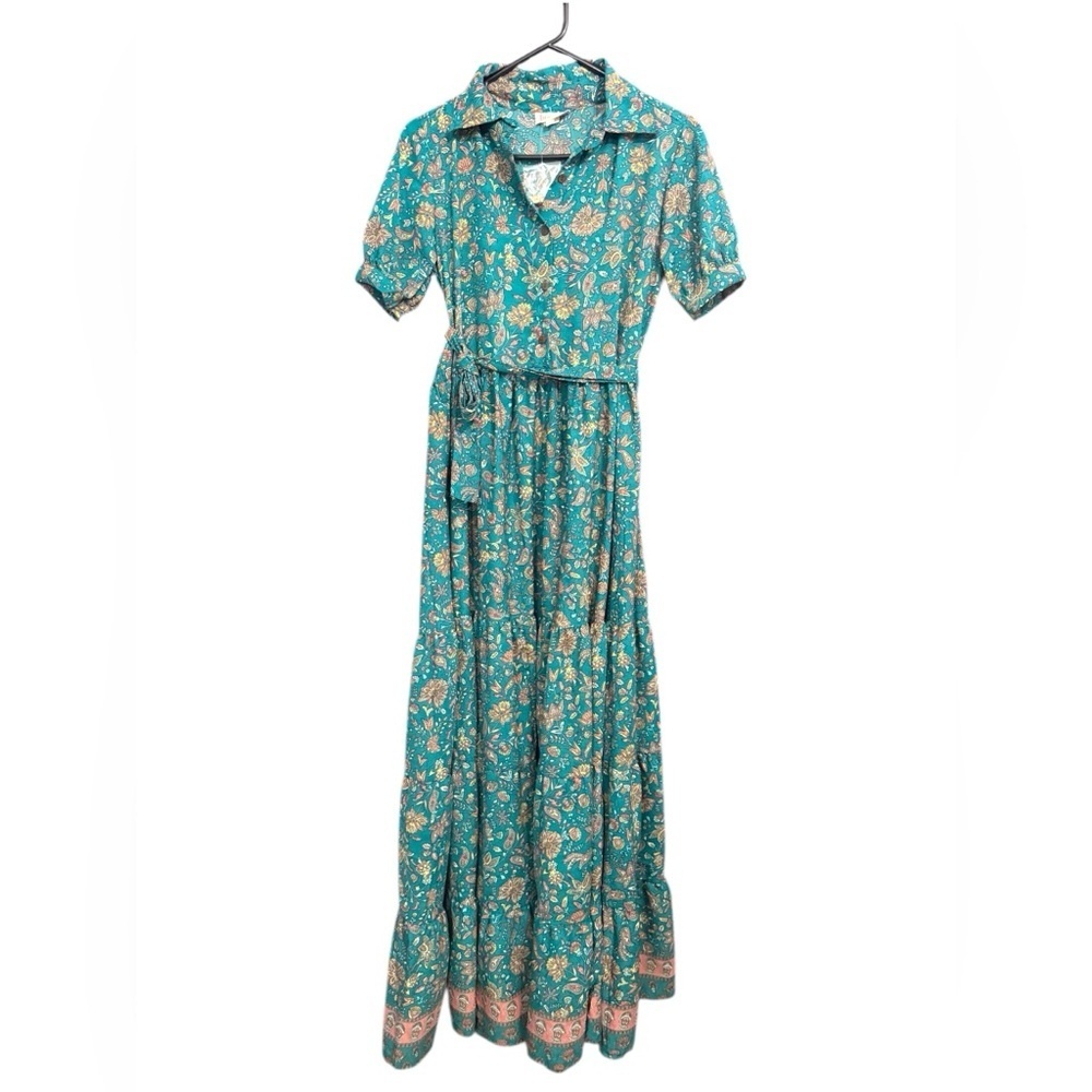 NWT Boemo Floral Maxi Dress Boho Prairie Style Womens S Belted Collared